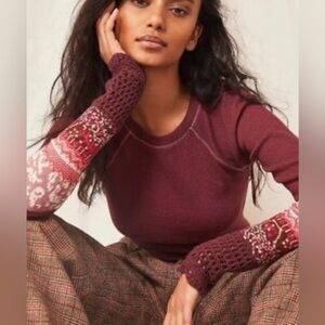 Free People  in the mix Rio Vino thermal top crochet sleeve boho‎ size xs